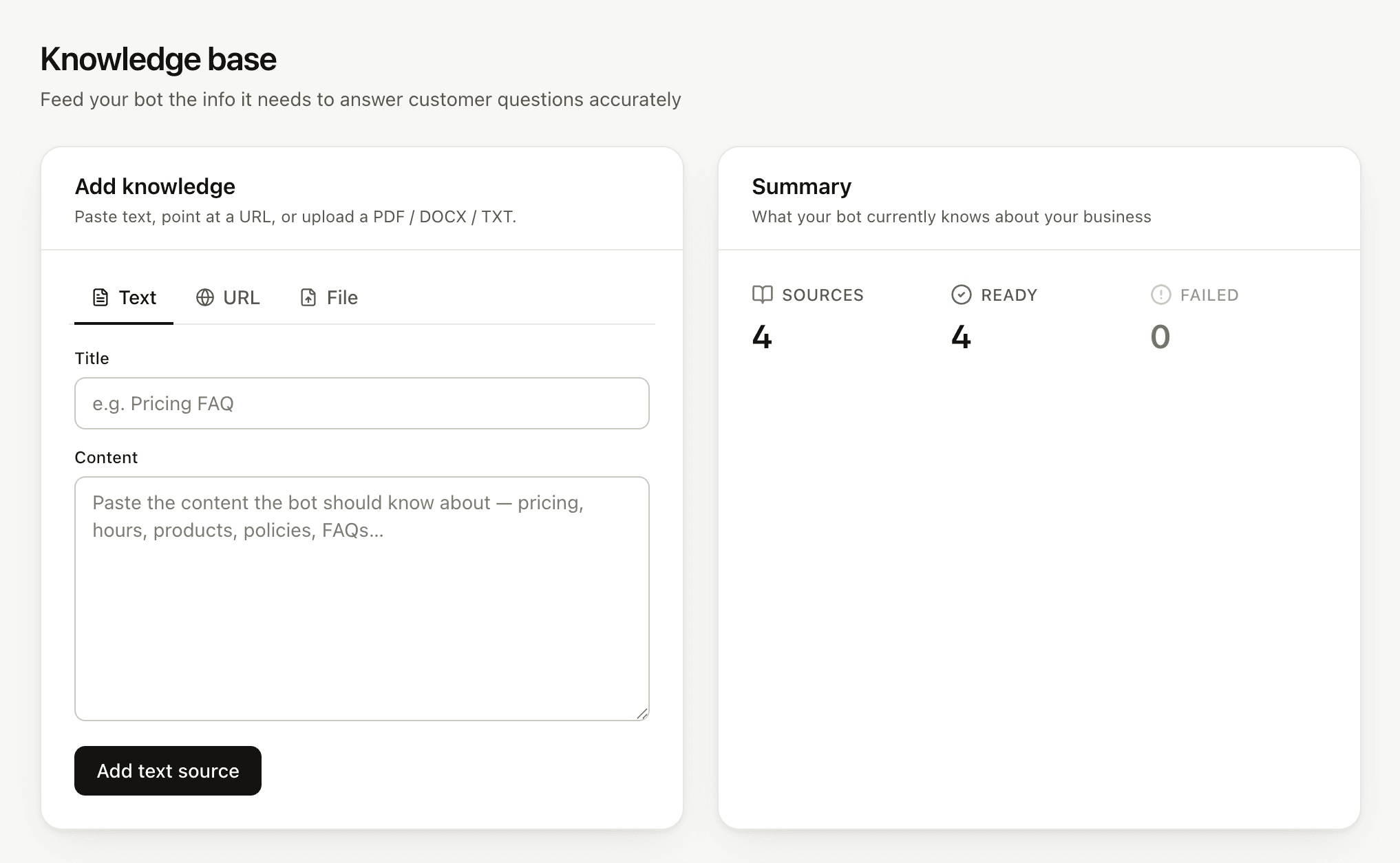 Replai knowledge base screen with pasted prices, hours and policies