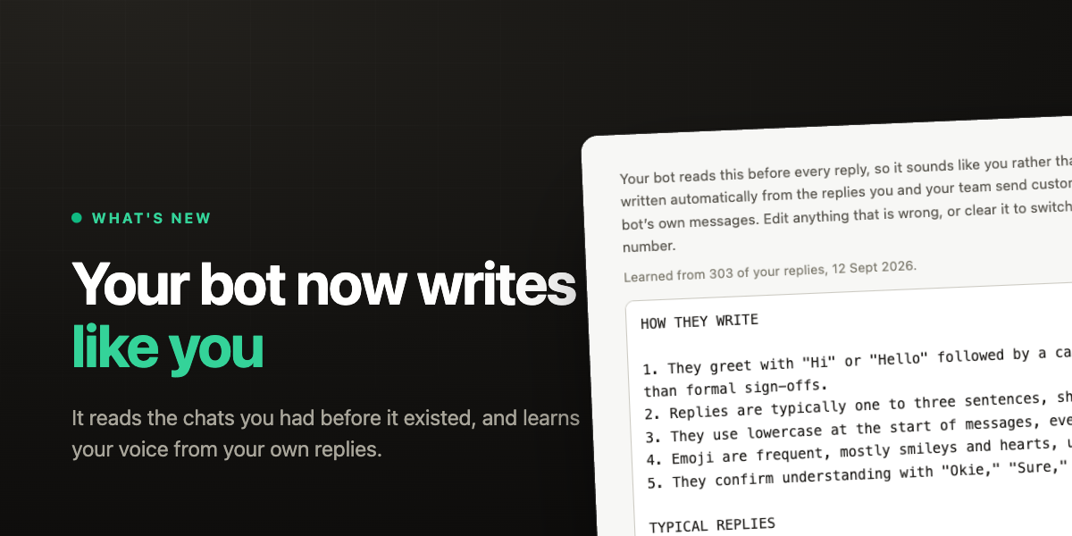 Replai release banner: the headline "Your bot now writes like you" beside the settings panel showing a learned writing profile, with observations about greetings, reply length, capitalisation and emoji.