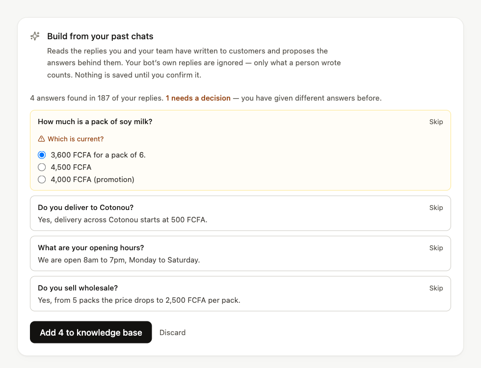 The Build from your past chats panel, showing four proposed answers found in 187 replies. The first, about the price of a pack of soy milk, is highlighted in amber with three different past prices and a prompt asking which is current.