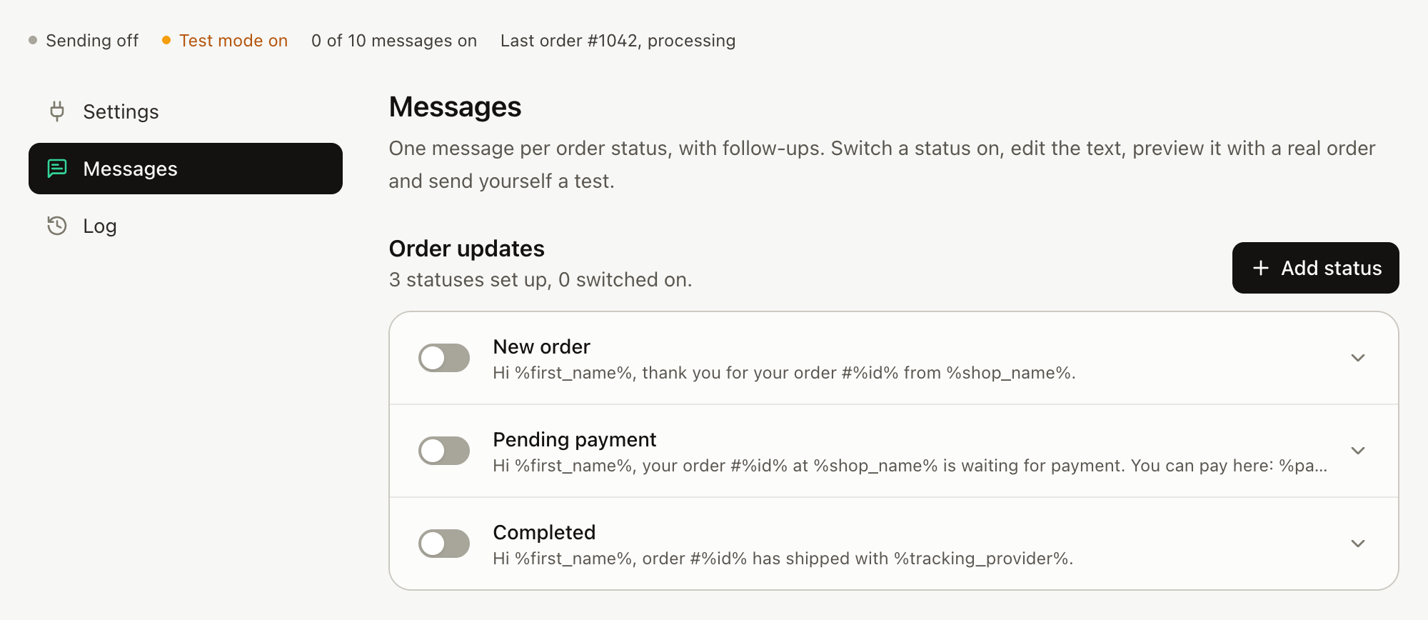 The Orders Messages tab in Replai: one card per order status, each with its own WhatsApp message, ready to switch on.