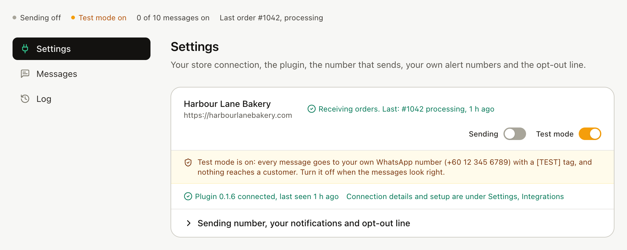 The Orders Settings tab in Replai showing the store connected, the plugin version and the time of the last order, with test mode on.