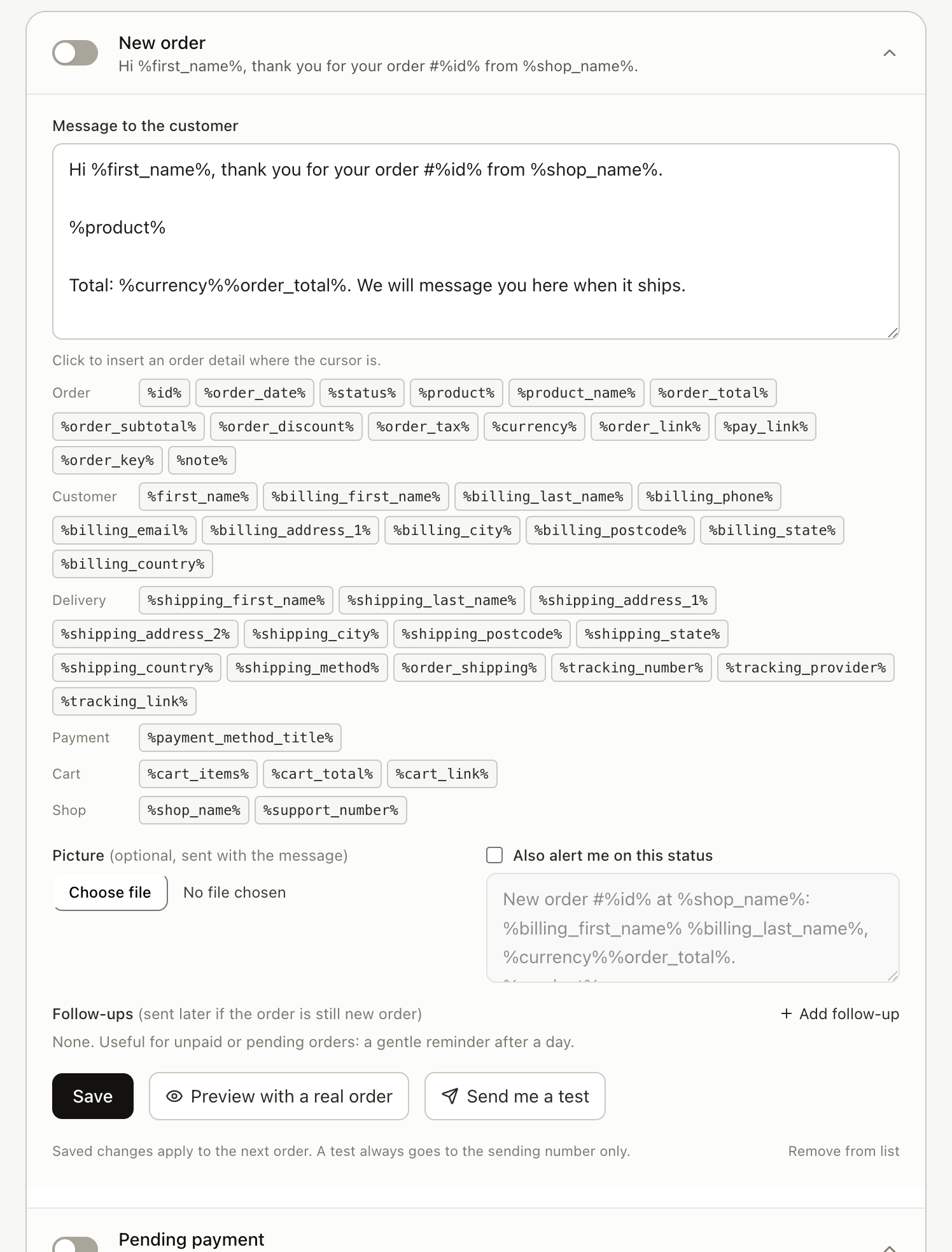 The Replai message editor with the field picker open, showing the cart fields available to insert.