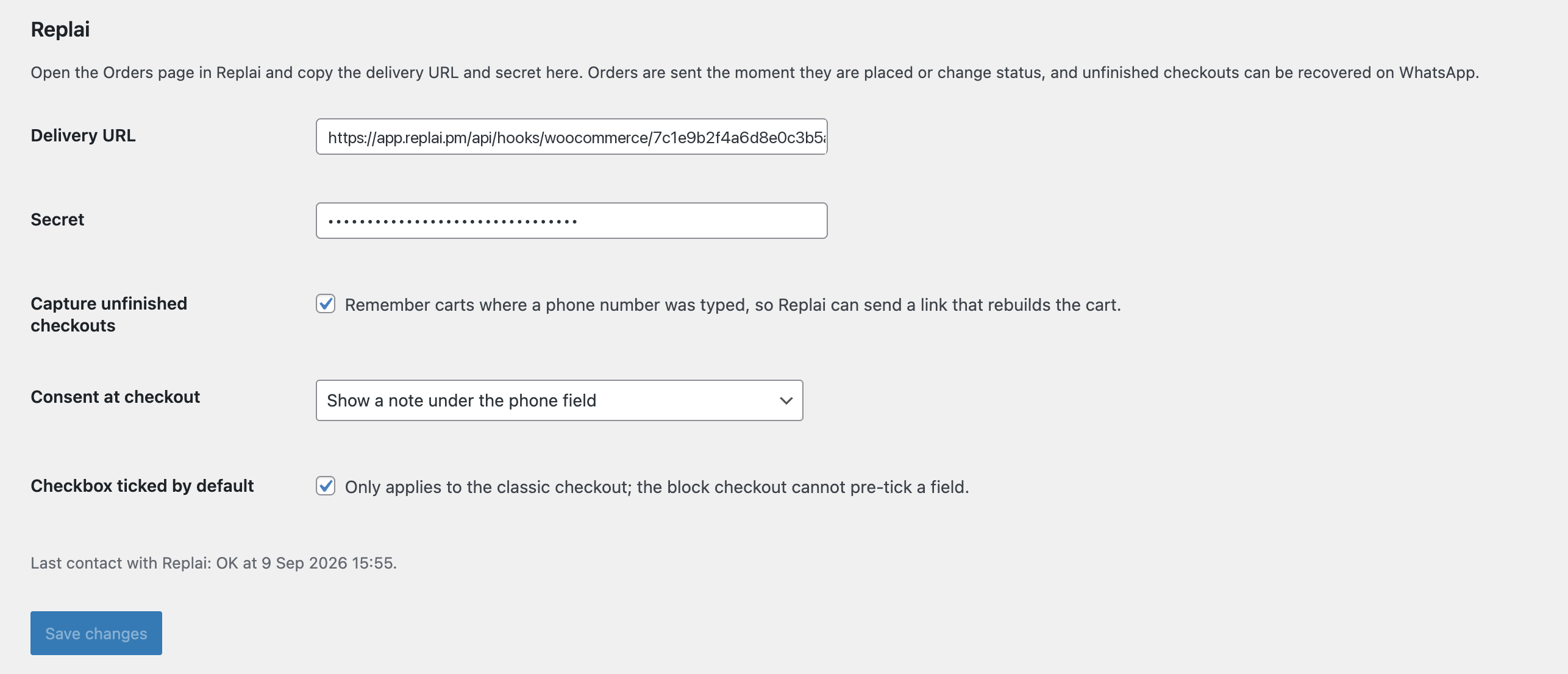 In WordPress under WooCommerce, Settings, the Replai tab, with the delivery URL and secret pasted in and the checkout-recovery options below them.