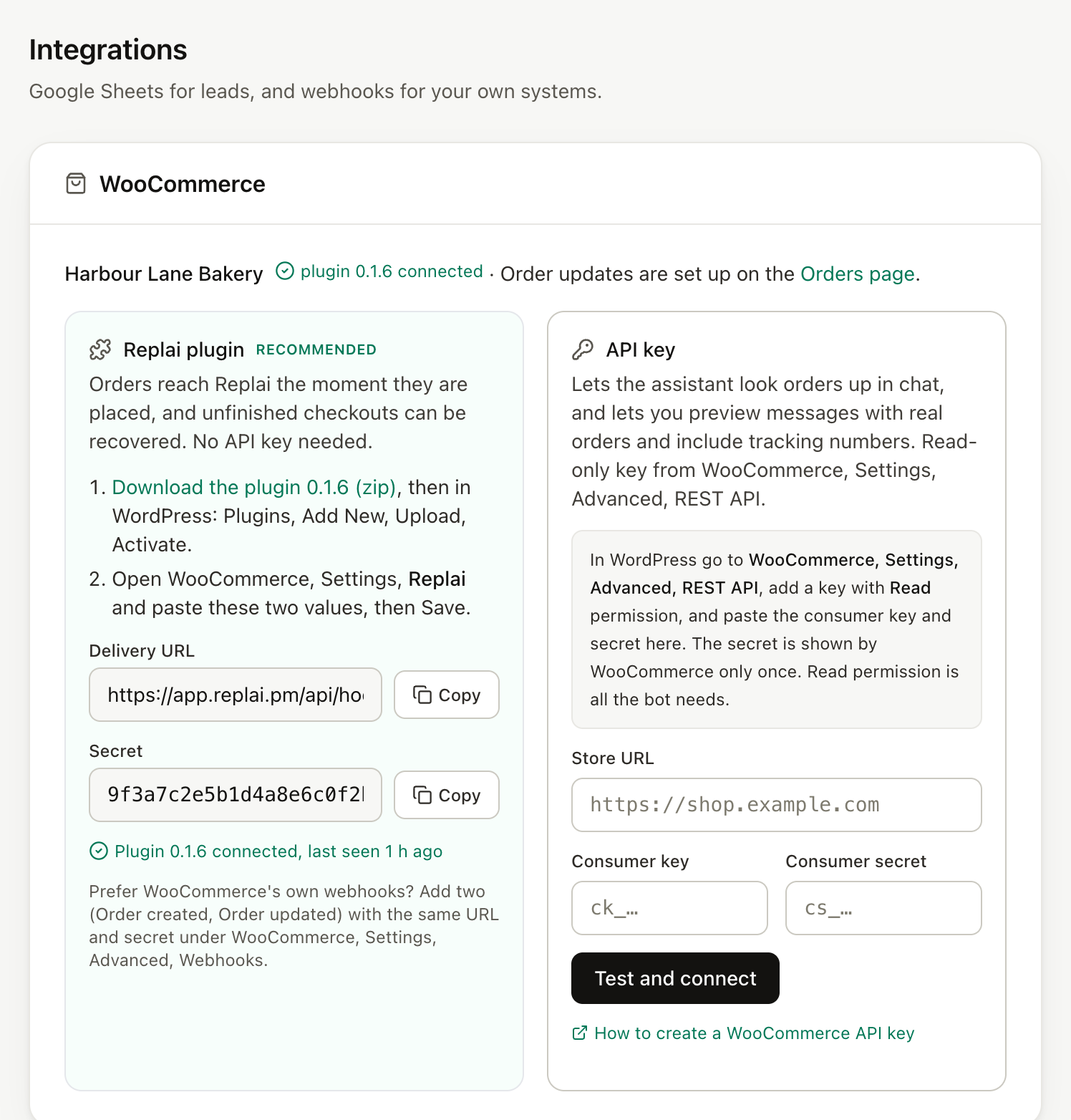 The WooCommerce card in Replai under Settings, Integrations: the plugin download, the delivery URL and the signing secret to copy into WordPress.