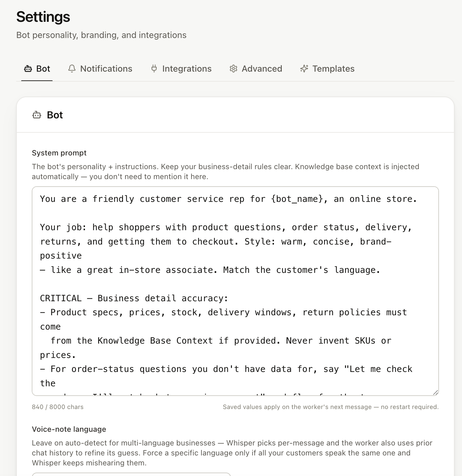 Replai settings showing the system prompt that sets tone and hand-off rules