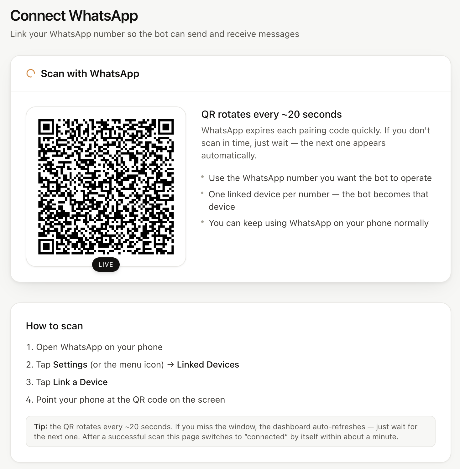 Replai connect screen showing the QR code to scan from WhatsApp Linked devices