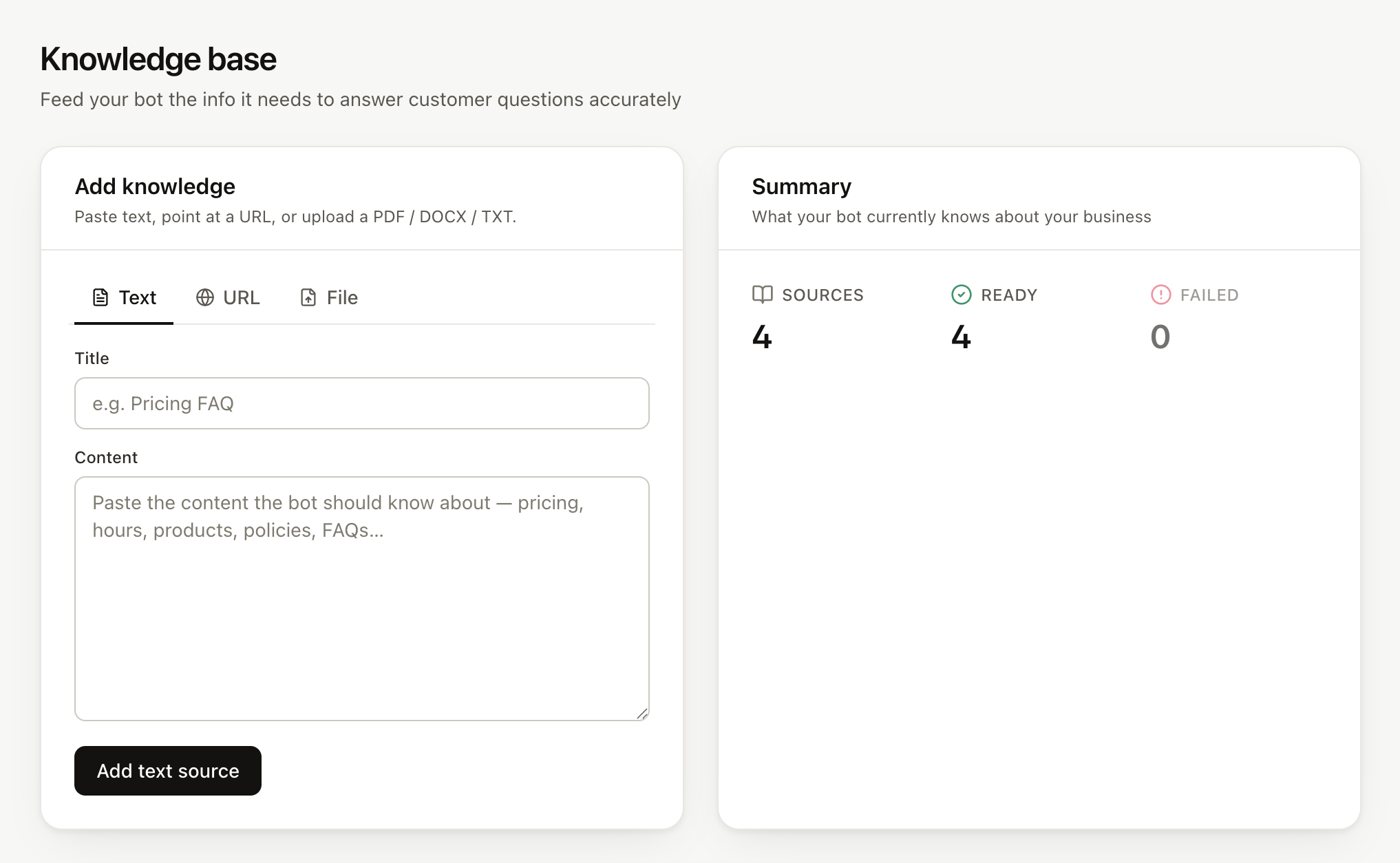 Replai knowledge base screen with a business's pasted sources
