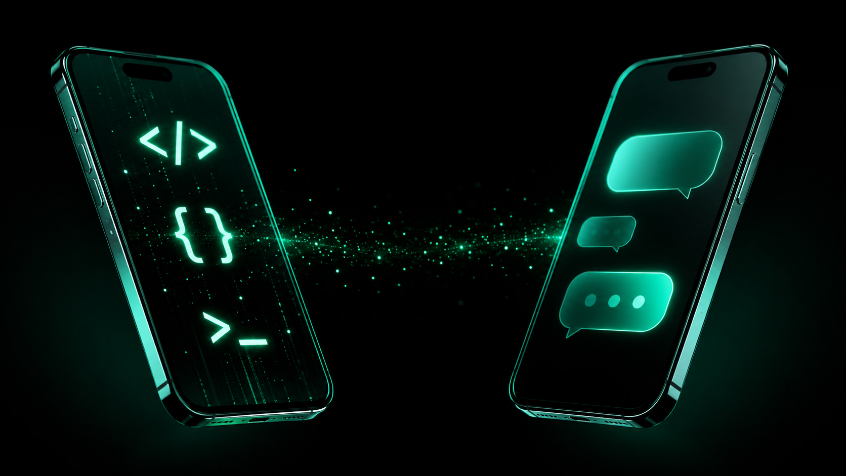 Two glowing emerald-teal smartphones — one displaying code symbols and a terminal cursor, the other displaying a clean chat-bubble interface — with a luminous stream of particles between them, illustrating the fork between the WhatsApp Business API and the WhatsApp Business app.