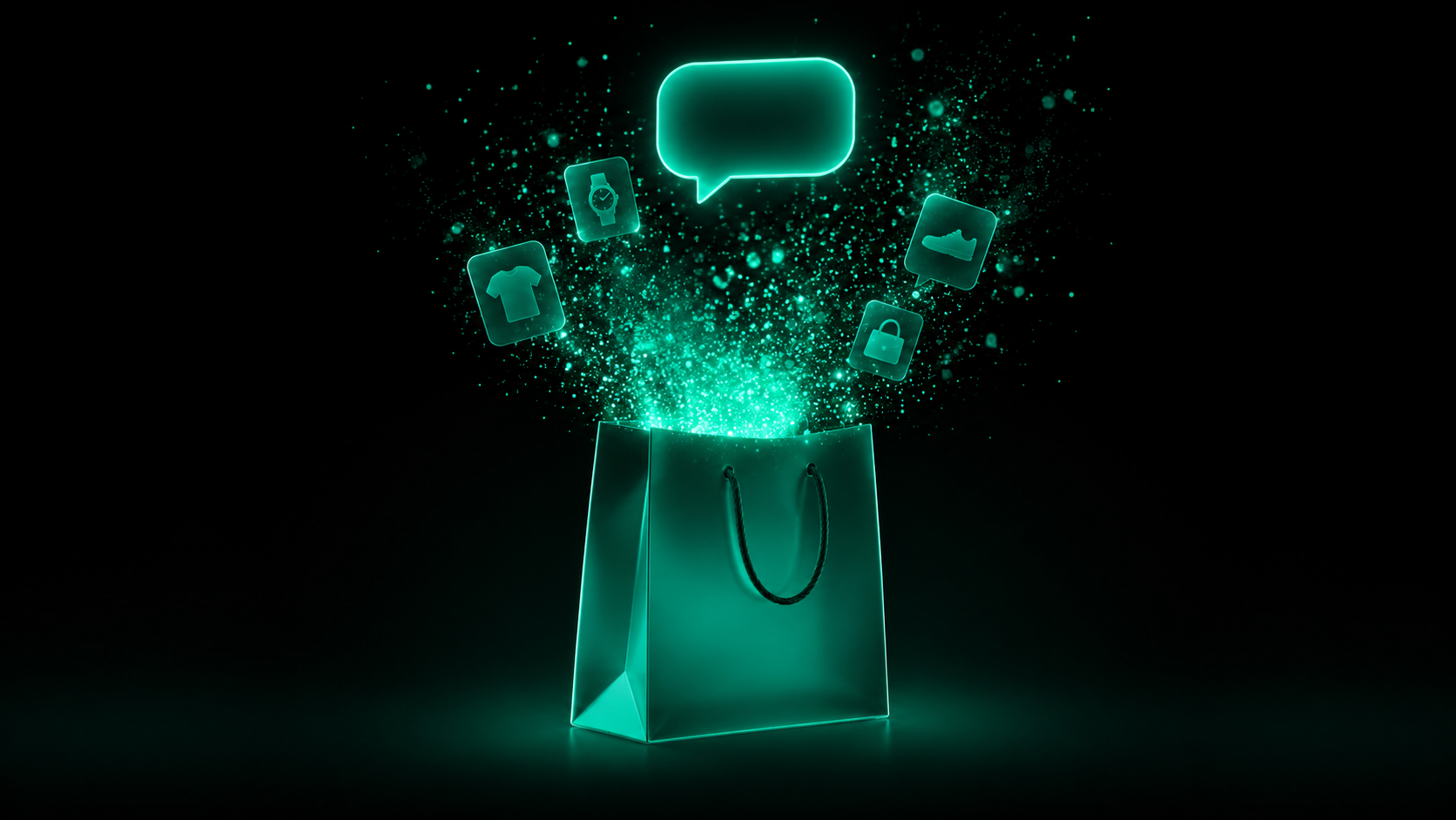 A glowing emerald shopping bag with its top dissolving into a cloud of particles, from which a chat bubble and faint product-card silhouettes emerge — illustrating WhatsApp as a combined sales + support channel for Shopify stores.