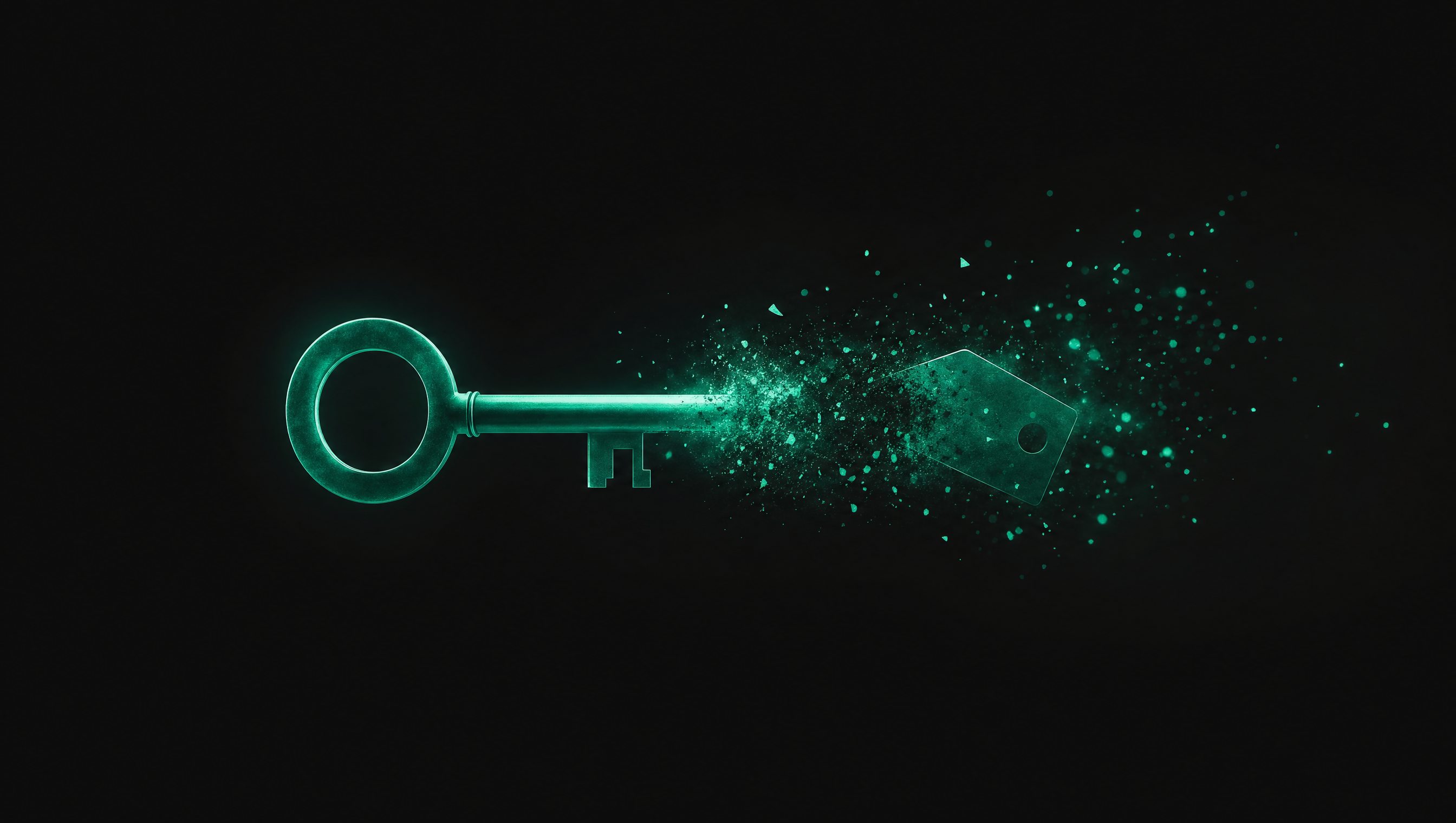 A glowing emerald key dissolving into particles, with a faint price-tag silhouette emerging where it disappears.