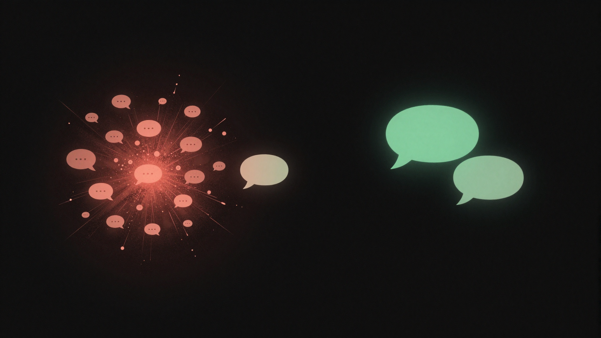 Two contrasting clusters of chat bubbles: a chaotic burst with red-amber glow on the left (risky outbound bursts), and a calm pair of bubbles in a back-and-forth exchange with emerald glow on the right (safe inbound conversation).