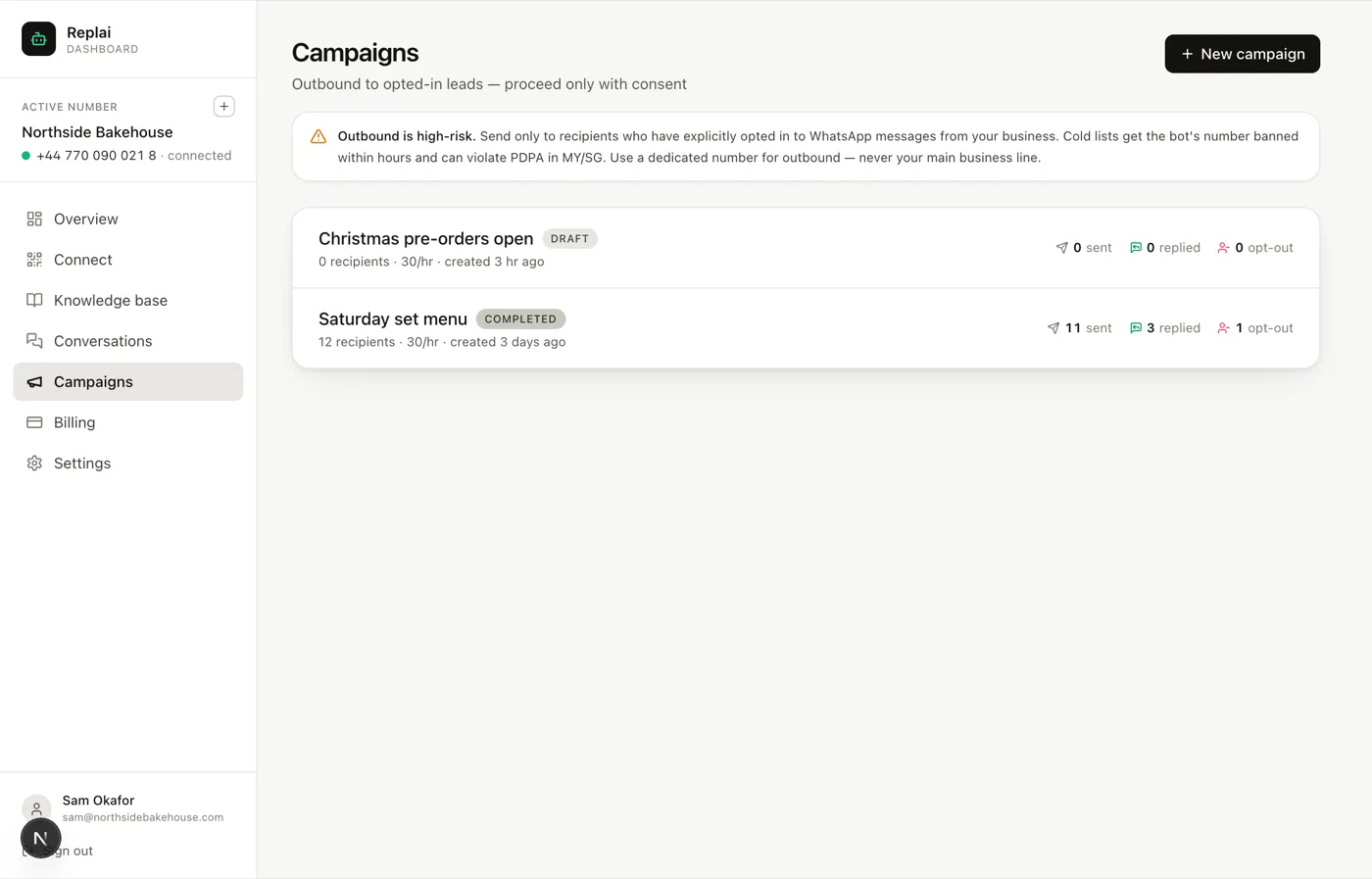 The campaigns list showing a completed campaign with sent, replied and opt-out counts