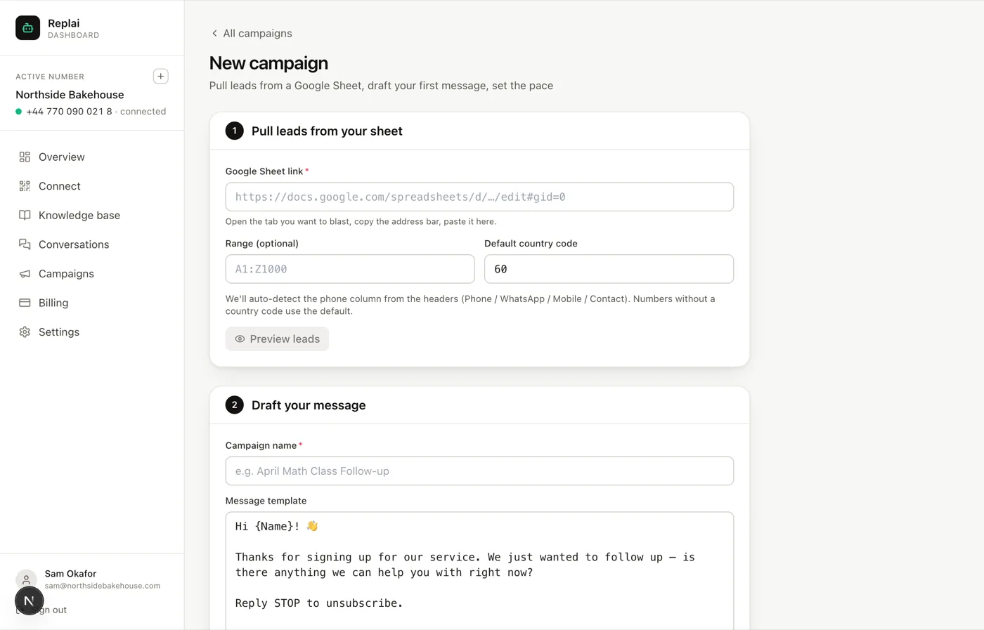 The new campaign form, showing the Google Sheet link field, an optional range, and the default country code