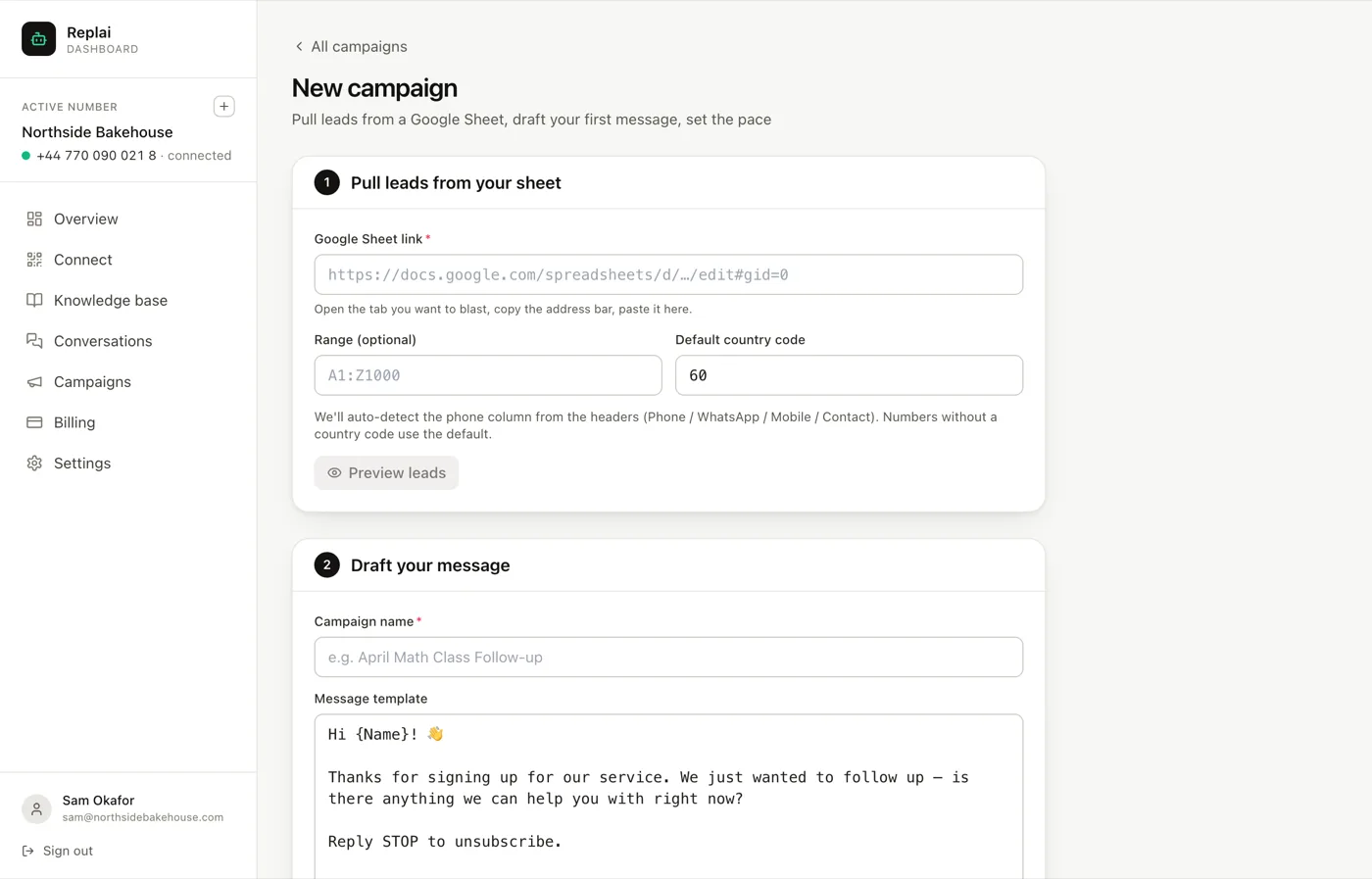 The draft panel with a campaign name, a message template using a merge field, and an optional photo