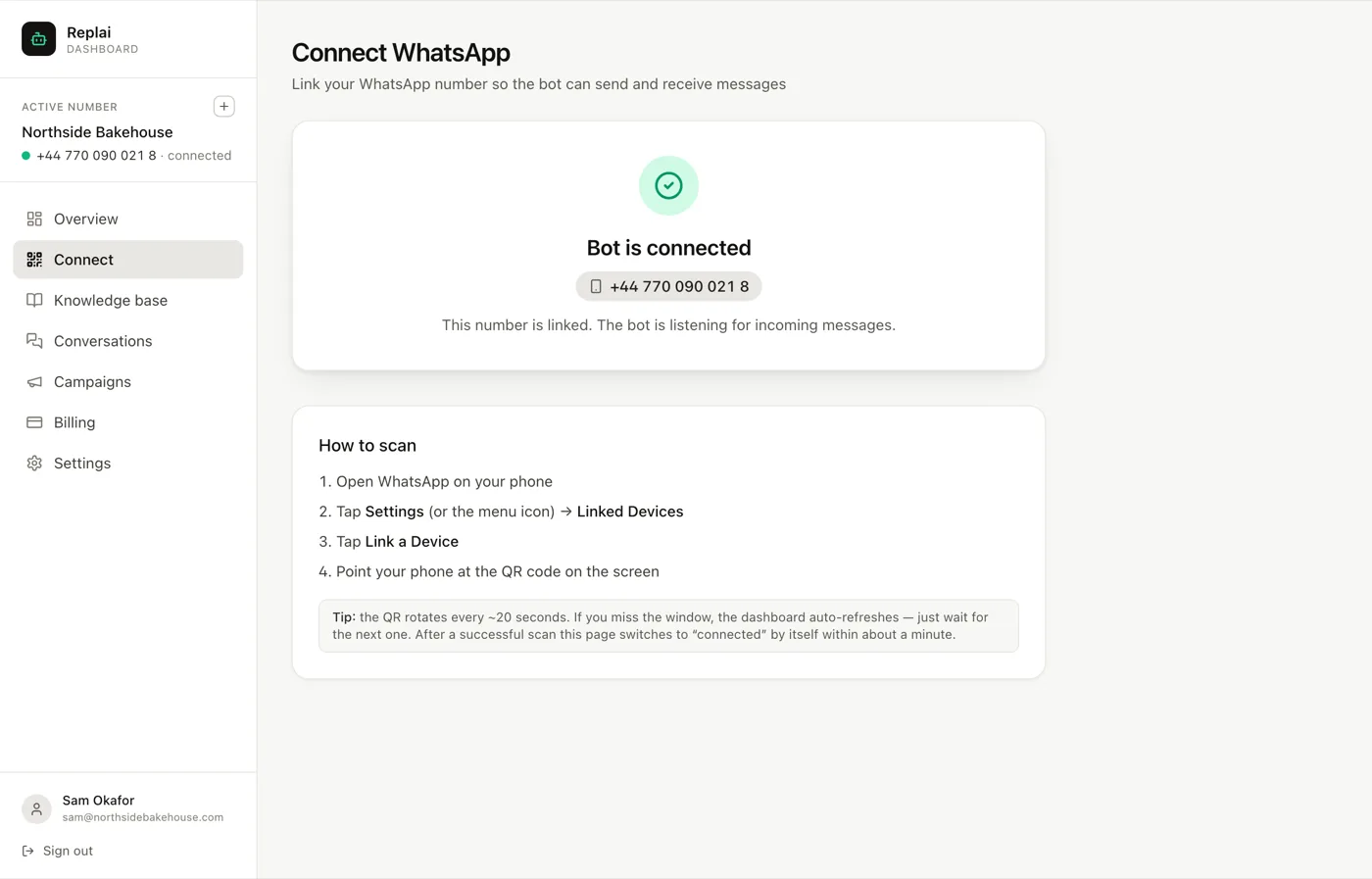 The Connect page showing the bot is connected, with the linked phone number