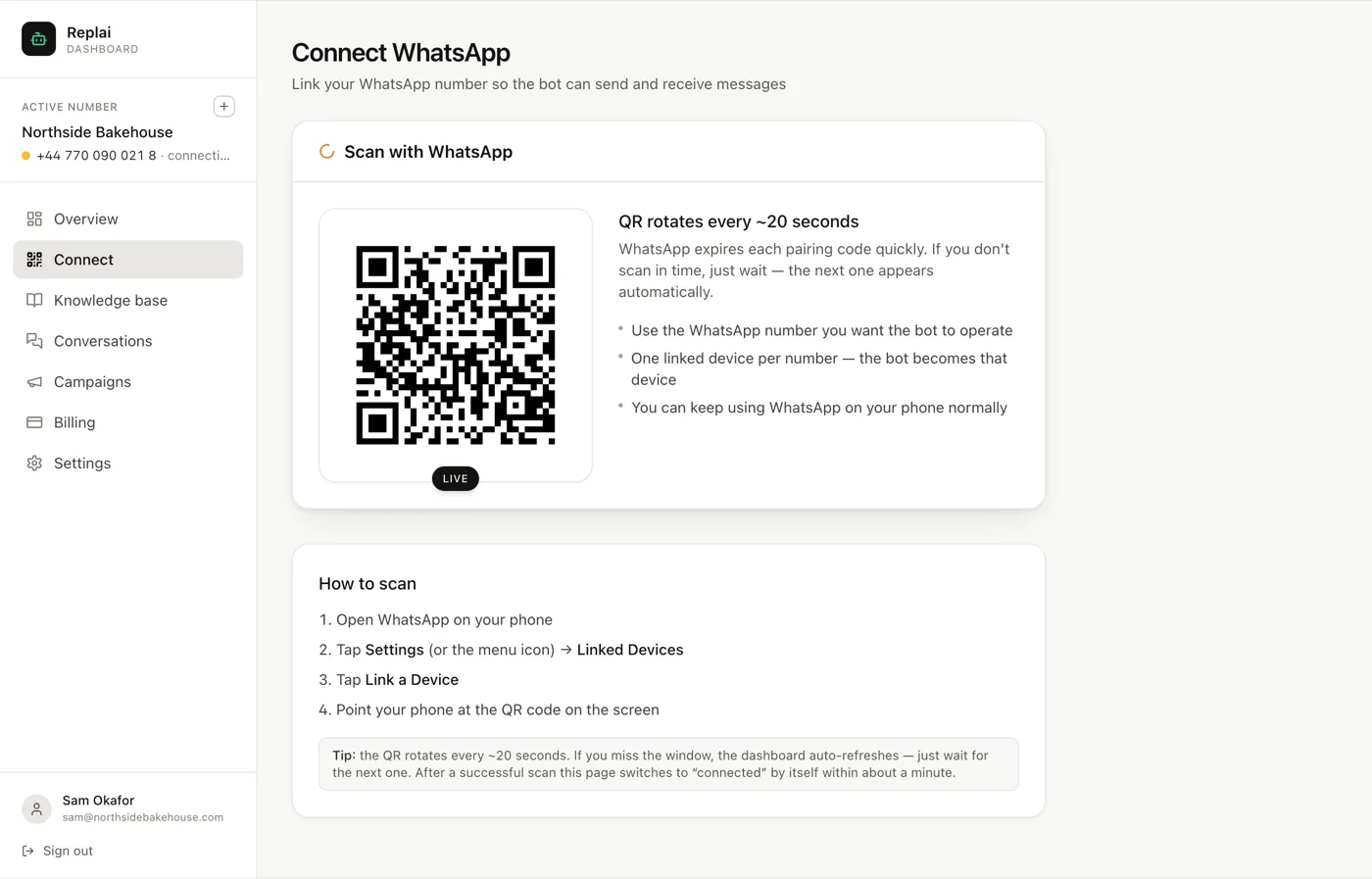 The Connect page showing a QR code, with a LIVE badge and instructions for scanning