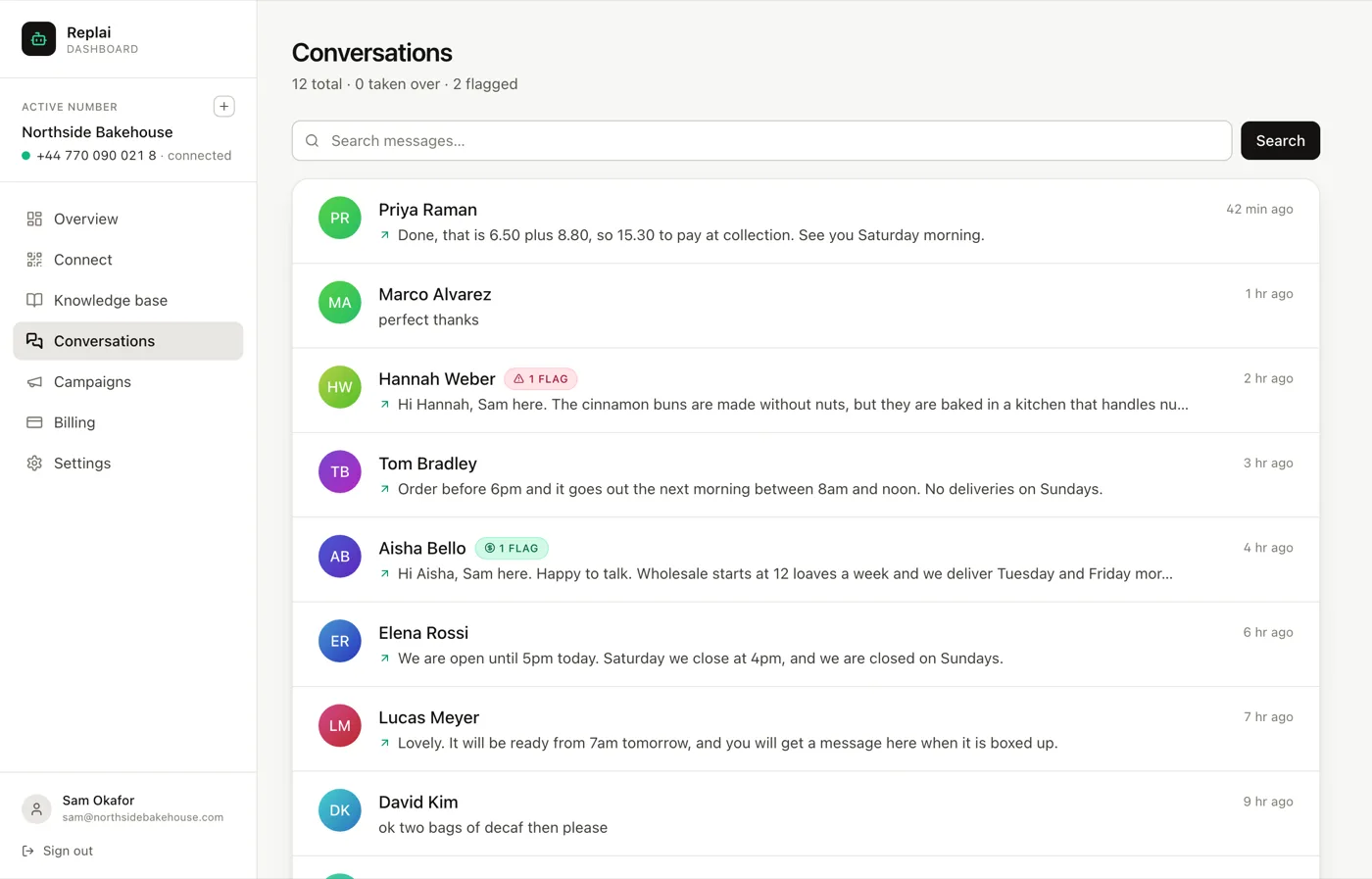 The conversations list, with flags on two threads