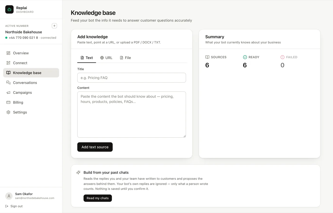 The knowledge base page with Text, URL and File tabs, and a summary panel counting sources