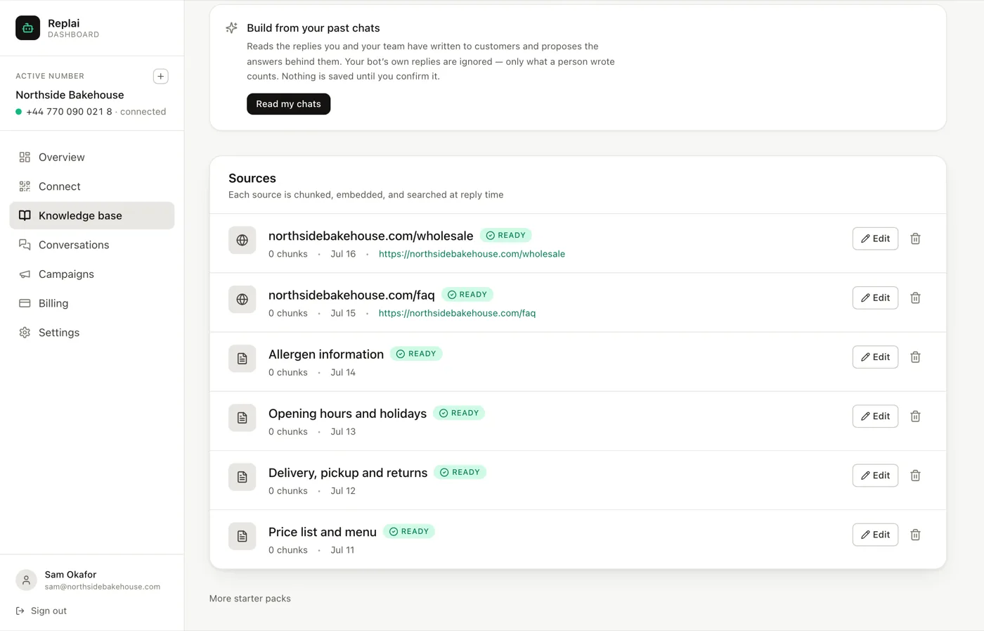 The list of knowledge base sources with their status