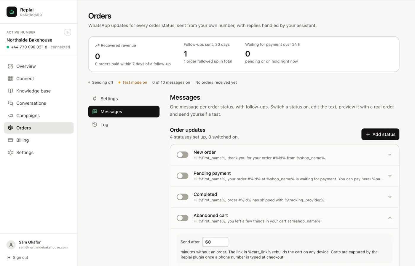 The Messages tab with an Abandoned cart rule expanded, showing the send delay