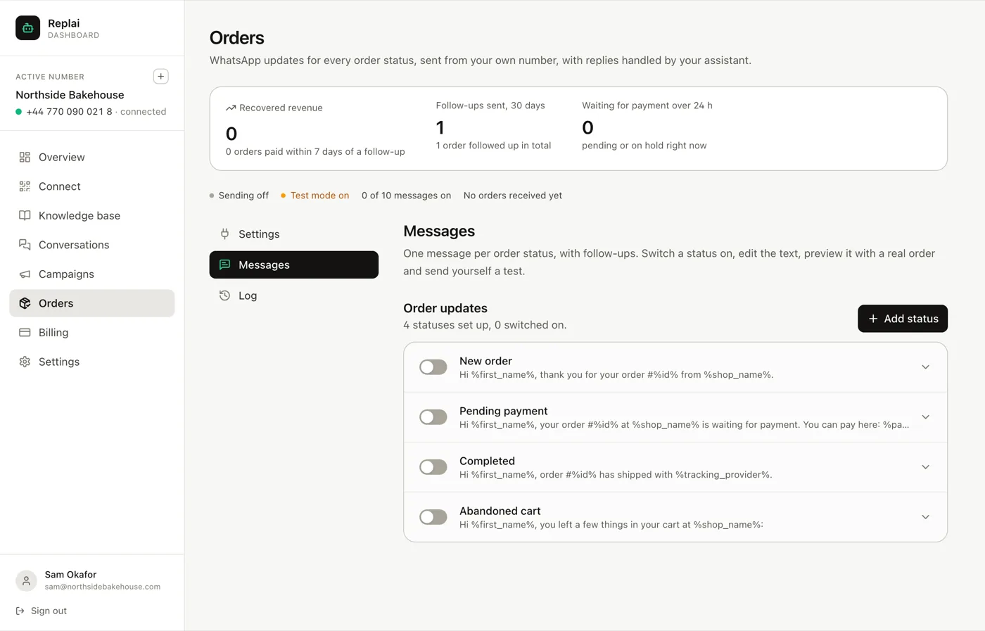 The Messages tab with one status set up and switched off