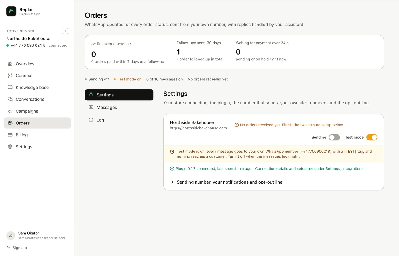 The Orders page with recovered revenue, follow-ups and pending payment counters