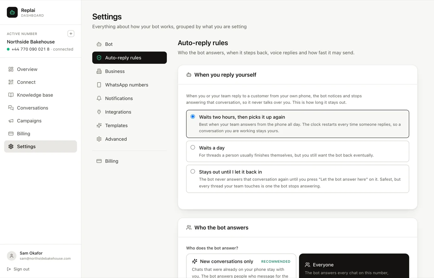 The Auto-reply rules tab showing the takeover options and who the bot answers