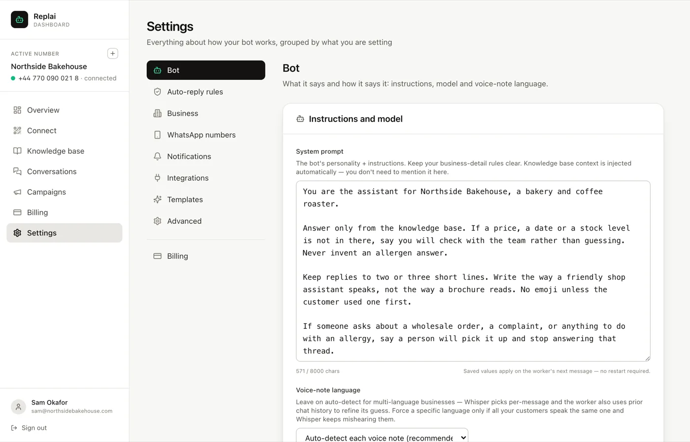 The Bot tab in Settings, showing the system prompt field with a character count