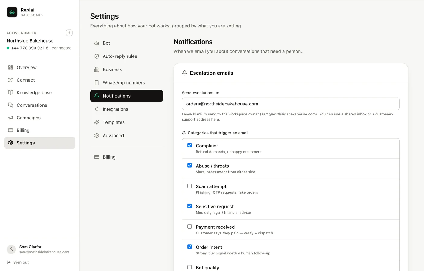 The Notifications tab showing the escalation address and the category checkboxes