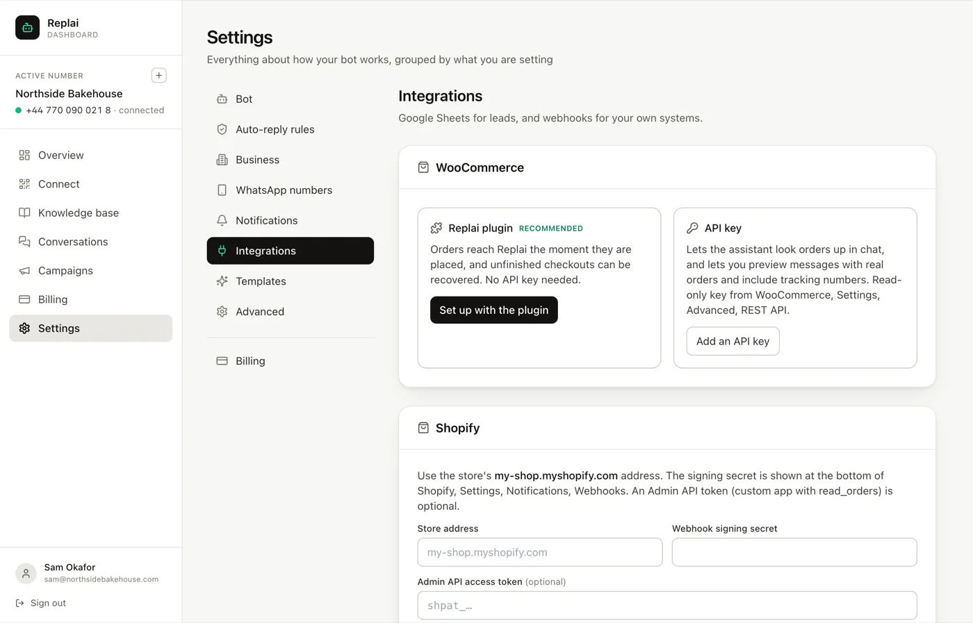 The Integrations tab showing the Replai plugin and API key panels side by side