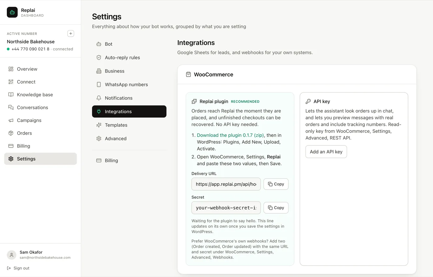 The plugin panel showing the delivery URL and secret to paste into WordPress