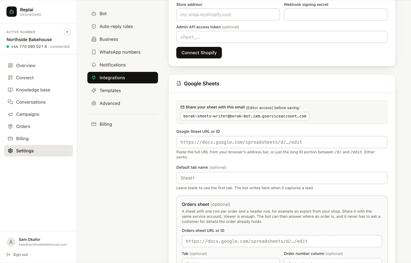 The Google Sheets panel showing the orders sheet fields and the tab and column options