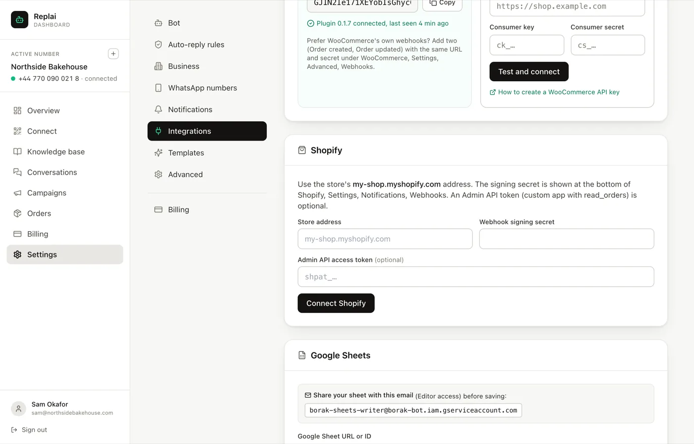 The Shopify panel in Settings, Integrations