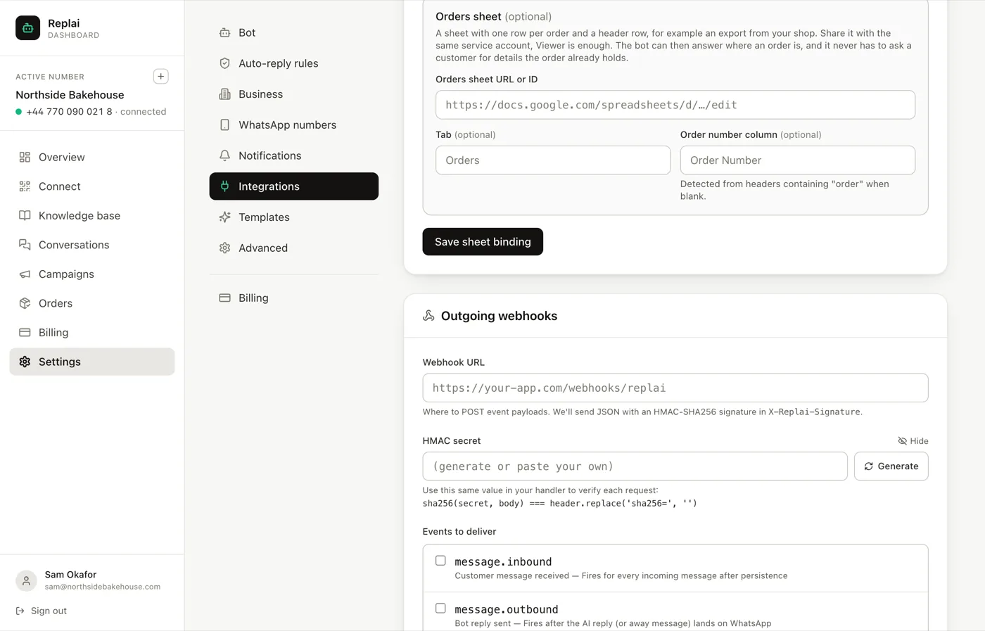The Outgoing webhooks panel showing the URL field, HMAC secret and event checkboxes