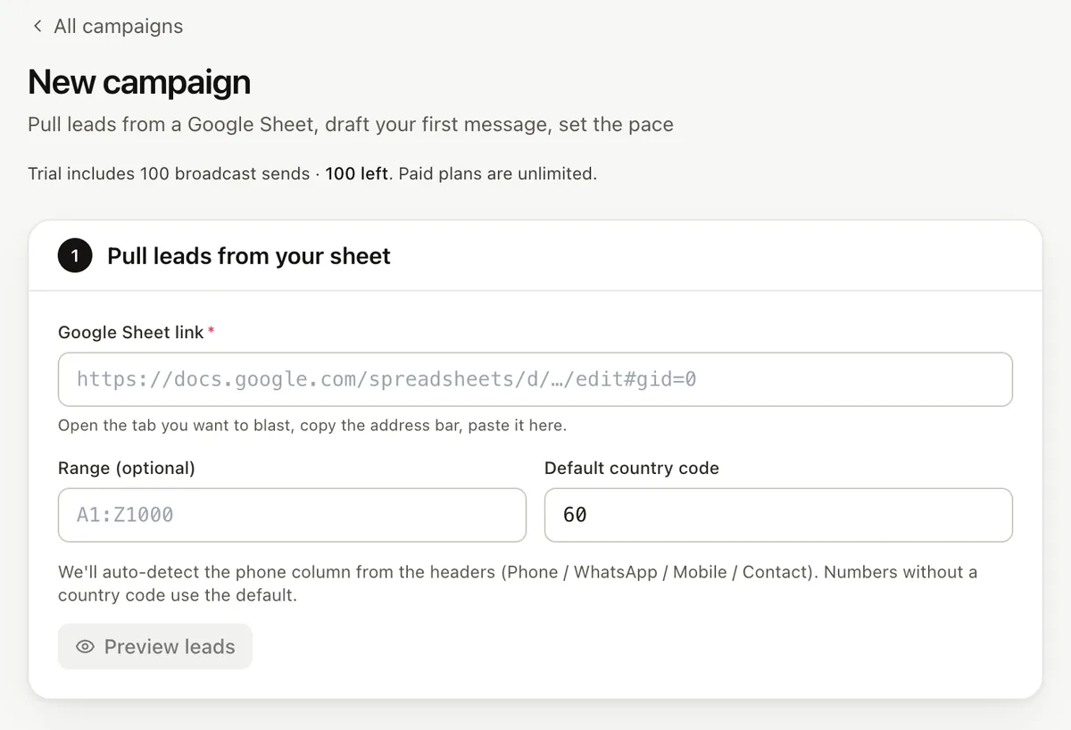 New campaign form asking for a Google Sheet link, with the note that the phone column is detected from the headers