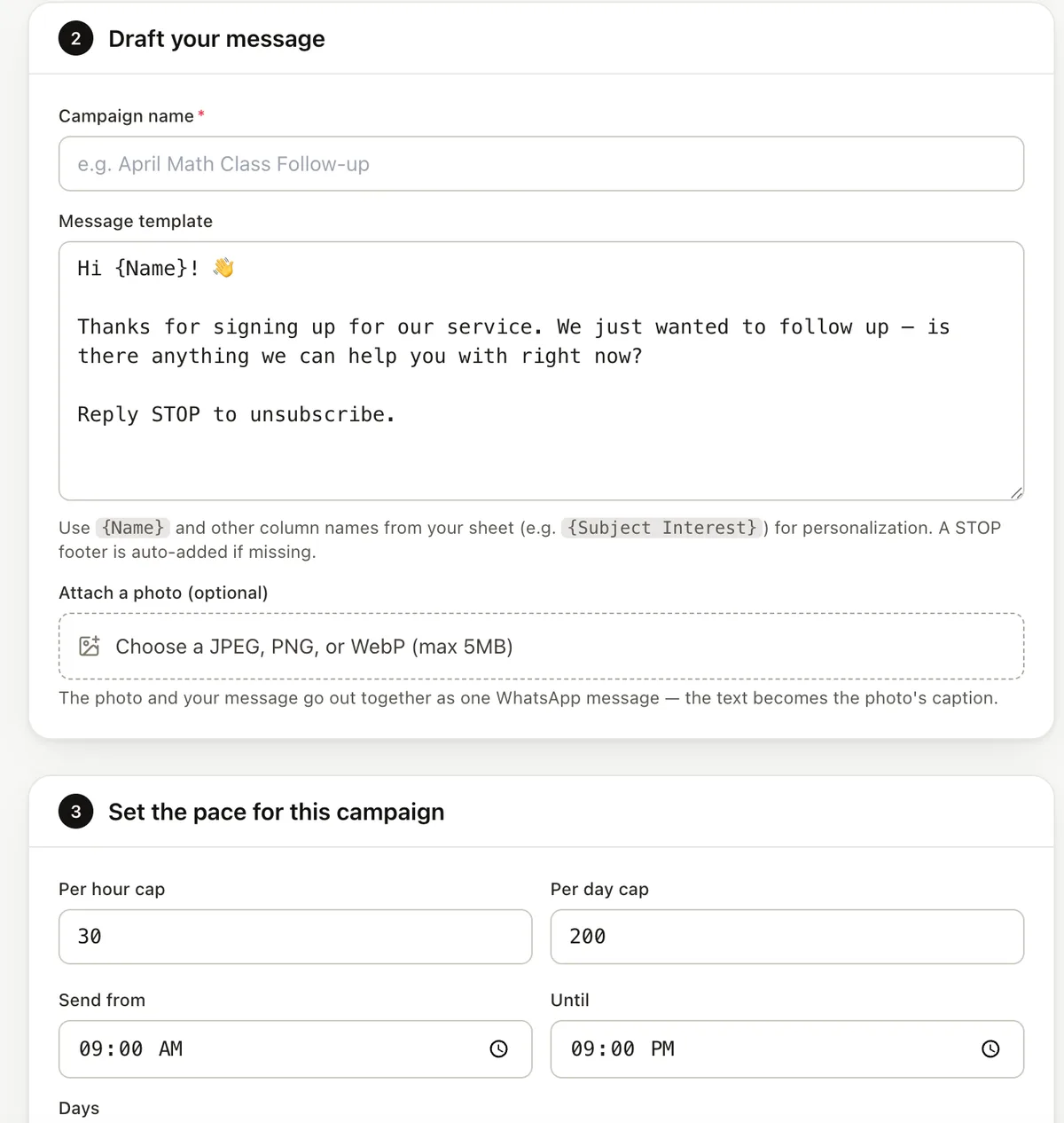 Campaign message template above the pace settings: per hour cap 30, per day cap 200, send from 9:00 AM until 9:00 PM