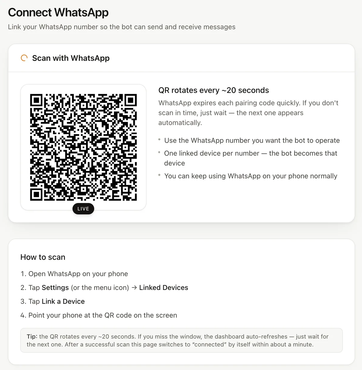 Replai Connect screen with a live WhatsApp QR code, the note that it rotates every 20 seconds, and the four steps to scan it