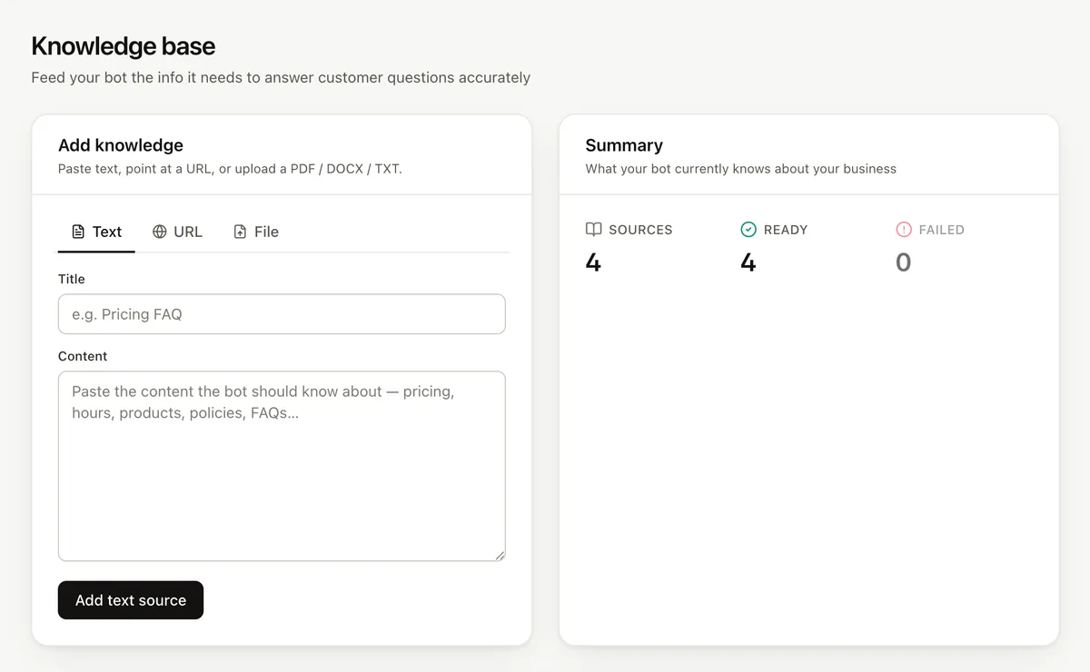 Knowledge base page with Text, URL and File tabs for adding knowledge, and a summary showing four sources ready