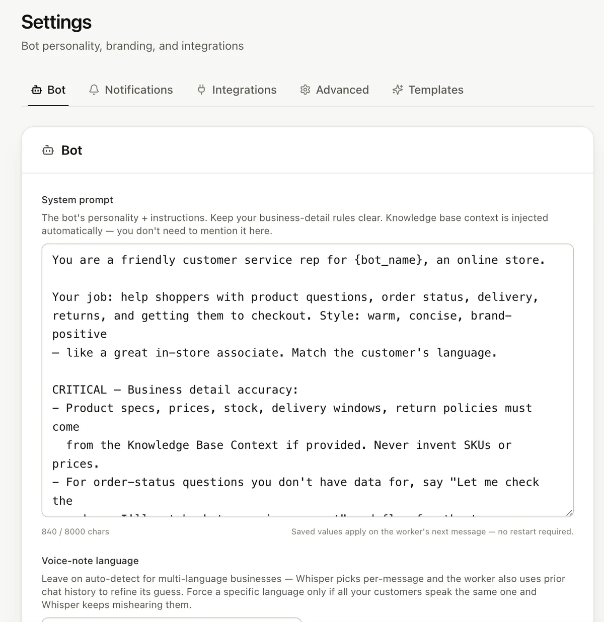 System prompt field in Replai settings, written in plain English: help shoppers with product questions, match the customer language, never invent prices
